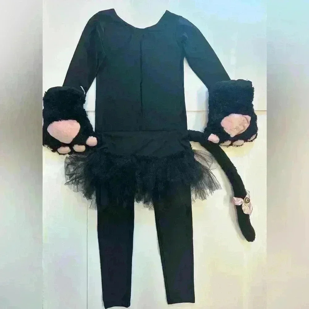 BLACK CAT COSTUME WITH PAWS AND TAIL SIZE 8